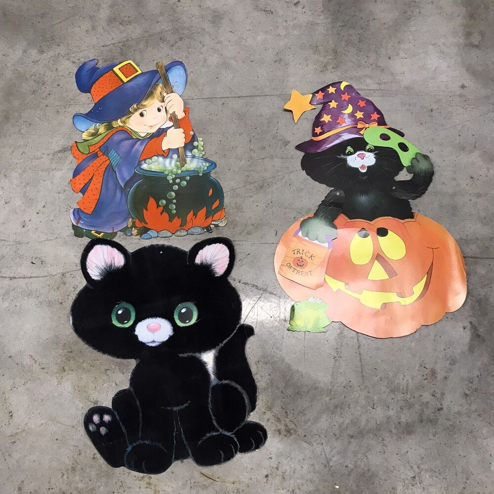 Flocked Velvet Cat Die Cut Halloween Kitty Witch/Jack O' Lantern Pumpkin 18"+